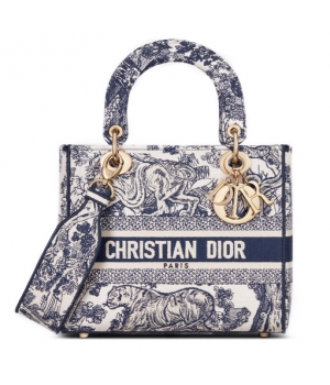 Сумка Dior Lady D-Lite синяя с вышивкой
